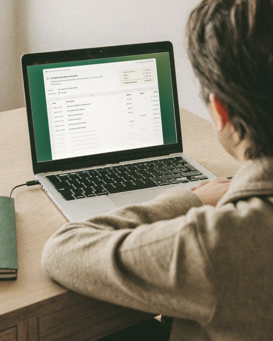 A bookkeeper, seen from behind, reads the preview on the laptop: the balance matches to the cent.